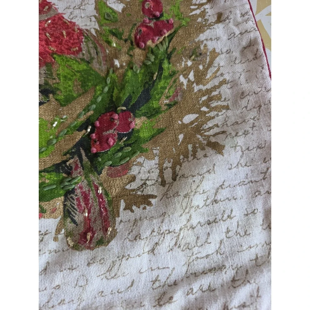 Christmas Birds Pillow Cover Beige Red Cardina Beaded Linen Blend 19x19